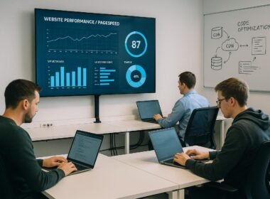 Modernes Büro mit Entwicklern, großen Bildschirmen, Diagrammen und Whiteboard-Skizzen zu Website-Performance und Pagespeed im minimalistischen Raum