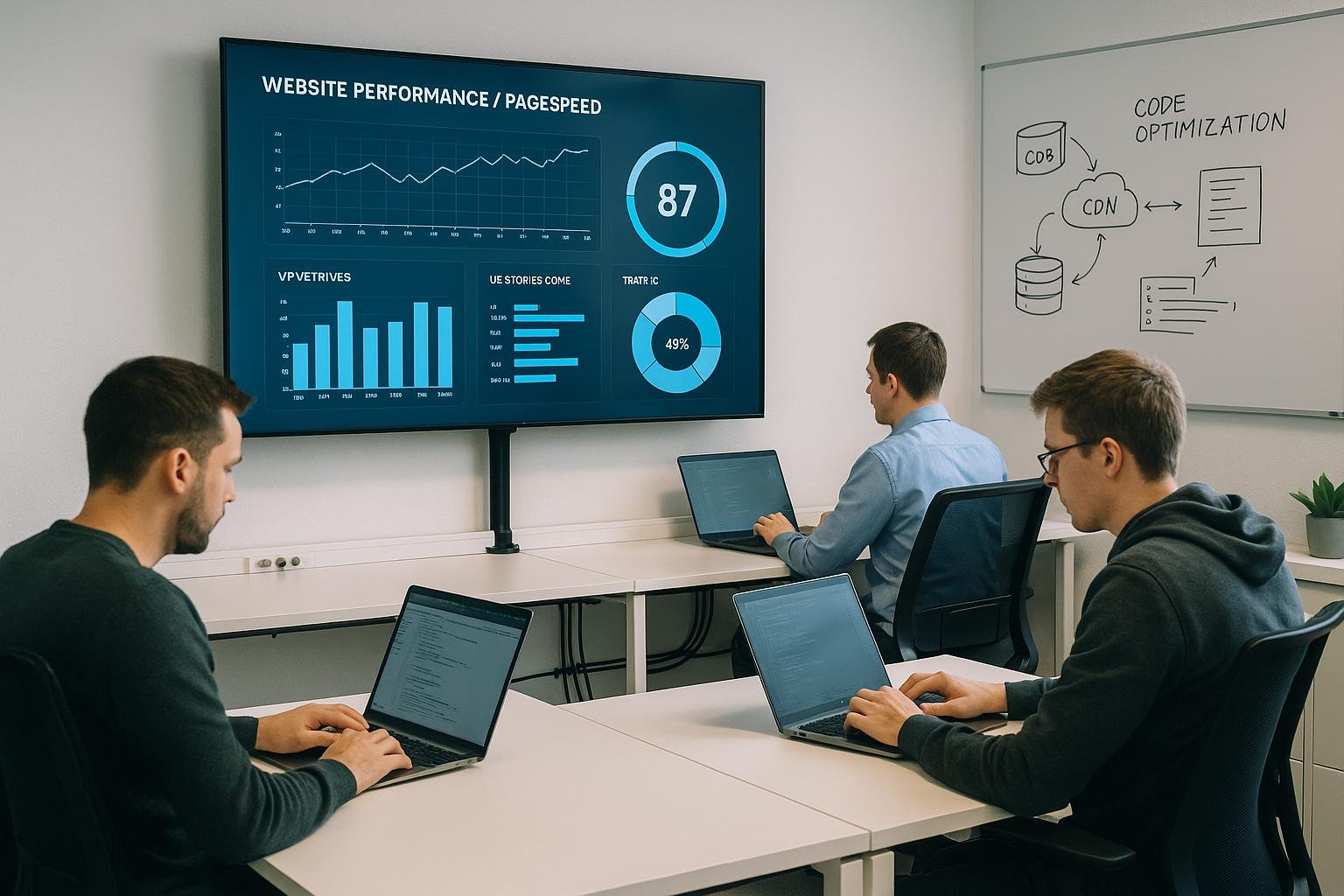 Modernes Büro mit Entwicklern, großen Bildschirmen, Diagrammen und Whiteboard-Skizzen zu Website-Performance und Pagespeed im minimalistischen Raum