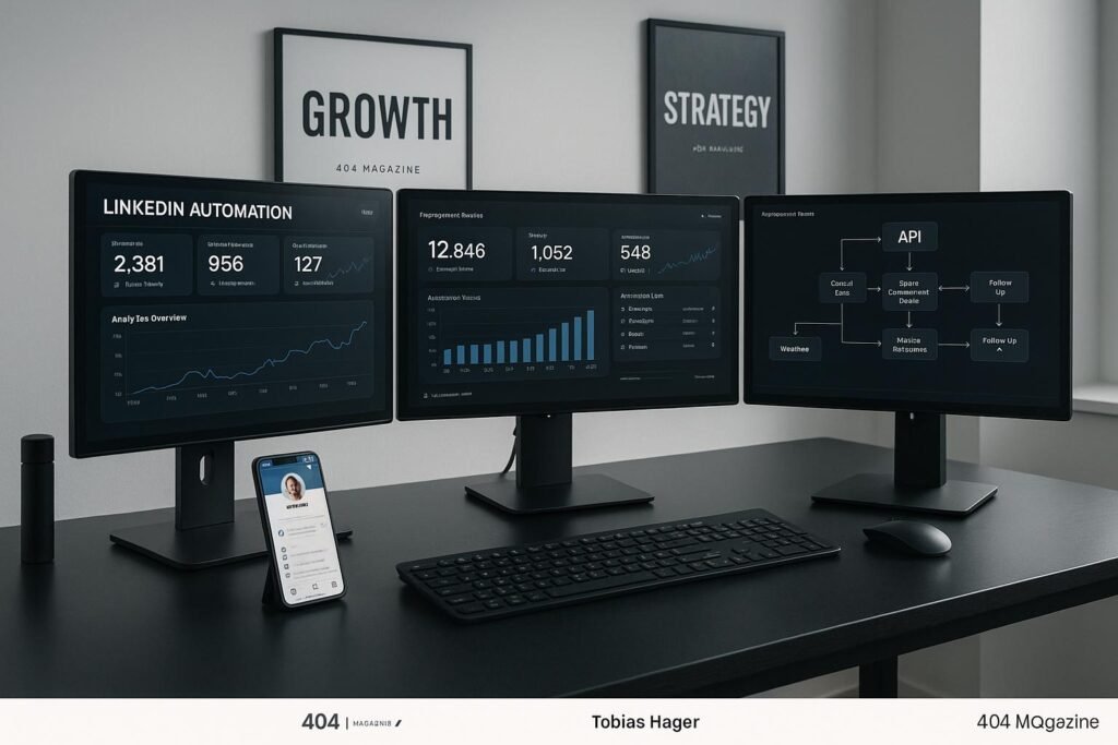 Moderner Arbeitsplatz mit mehreren Monitoren, digitalen Flowcharts, Smartphone mit LinkedIn-Profil und minimalistischer Bürogestaltung, Schwerpunkt auf technologische Raffinesse und strategische Planung.