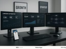 Moderner Arbeitsplatz mit mehreren Monitoren, digitalen Flowcharts, Smartphone mit LinkedIn-Profil und minimalistischer Bürogestaltung, Schwerpunkt auf technologische Raffinesse und strategische Planung.