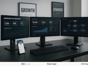 Moderner Arbeitsplatz mit mehreren Monitoren, digitalen Flowcharts, Smartphone mit LinkedIn-Profil und minimalistischer Bürogestaltung, Schwerpunkt auf technologische Raffinesse und strategische Planung.