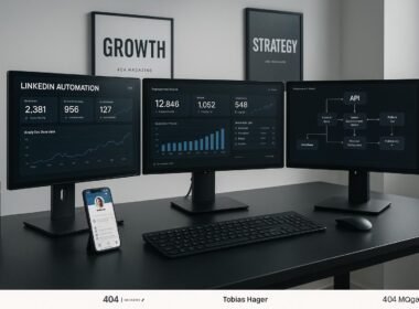 Moderner Arbeitsplatz mit mehreren Monitoren, digitalen Flowcharts, Smartphone mit LinkedIn-Profil und minimalistischer Bürogestaltung, Schwerpunkt auf technologische Raffinesse und strategische Planung.