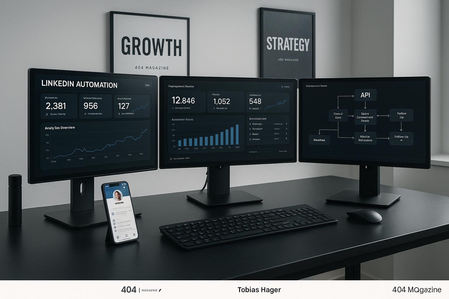 Moderner Arbeitsplatz mit mehreren Monitoren, digitalen Flowcharts, Smartphone mit LinkedIn-Profil und minimalistischer Bürogestaltung, Schwerpunkt auf technologische Raffinesse und strategische Planung.