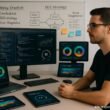 Webentwickler an modernem Arbeitsplatz mit Monitoren, Tablets und Whiteboard, der Website-Code und Analyse-Dashboards betrachtet
