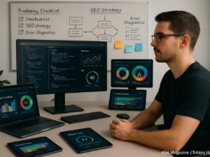Webentwickler an modernem Arbeitsplatz mit Monitoren, Tablets und Whiteboard, der Website-Code und Analyse-Dashboards betrachtet