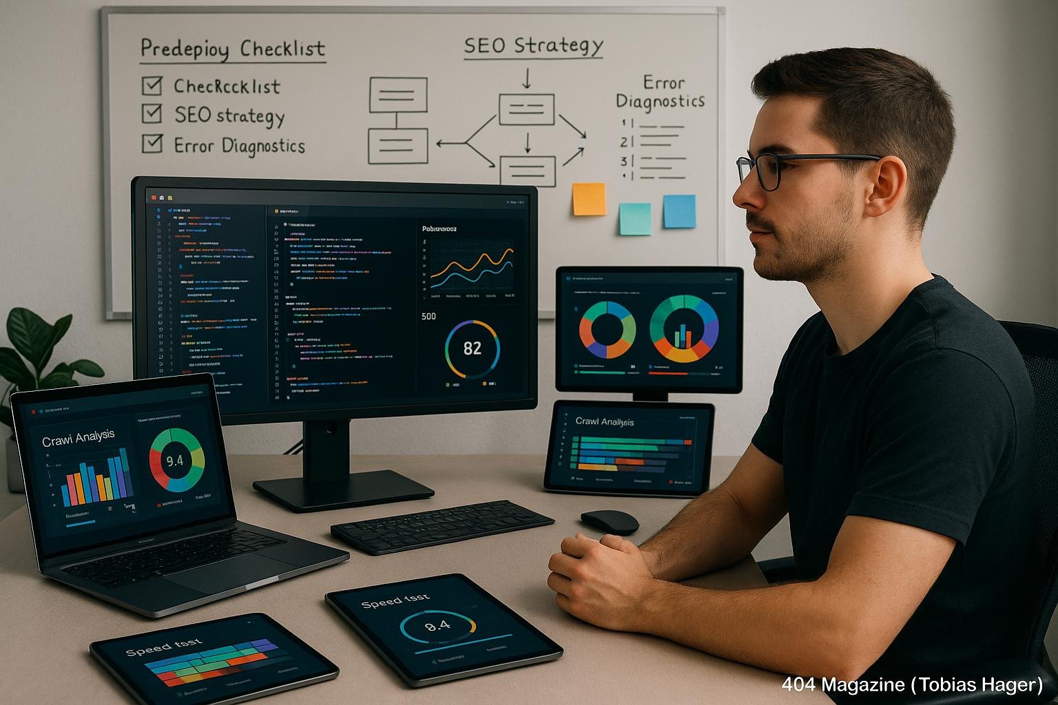 Webentwickler an modernem Arbeitsplatz mit Monitoren, Tablets und Whiteboard, der Website-Code und Analyse-Dashboards betrachtet