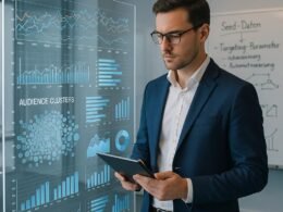 Modernes Büro mit großem Bildschirm, Business-Experte mit Tablet, Whiteboards mit Diagrammen und Stichpunkten, helle Beleuchtung, professionelle Atmosphäre