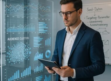 Modernes Büro mit großem Bildschirm, Business-Experte mit Tablet, Whiteboards mit Diagrammen und Stichpunkten, helle Beleuchtung, professionelle Atmosphäre