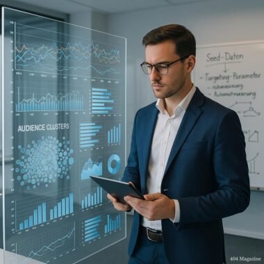 Modernes Büro mit großem Bildschirm, Business-Experte mit Tablet, Whiteboards mit Diagrammen und Stichpunkten, helle Beleuchtung, professionelle Atmosphäre