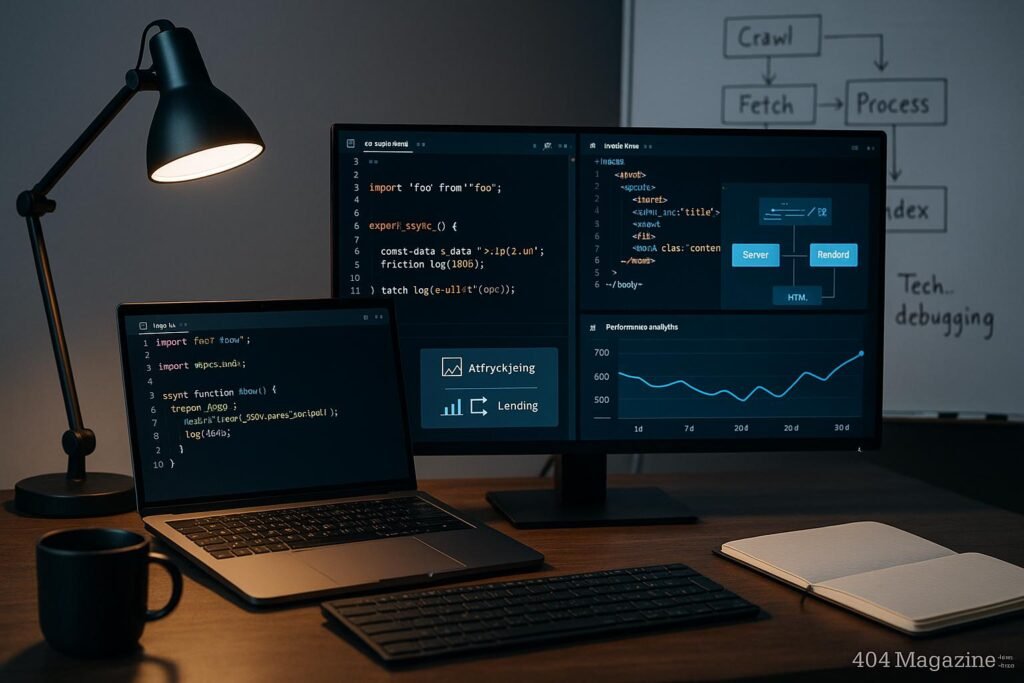 Moderner Webentwickler-Arbeitsplatz mit Dual-Monitoren, Code-Snippets, Visualisierungen von Ladeprozessen und Performance-Charts, beleuchtet von einer Schreibtischlampe, mit Kaffeetasse und Notizbuch. Im Hintergrund Whiteboard mit Flowcharts. Credit: 404 Magazine (Tobias Hager).