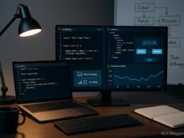 Moderner Webentwickler-Arbeitsplatz mit Dual-Monitoren, Code-Snippets, Visualisierungen von Ladeprozessen und Performance-Charts, beleuchtet von einer Schreibtischlampe, mit Kaffeetasse und Notizbuch. Im Hintergrund Whiteboard mit Flowcharts. Credit: 404 Magazine (Tobias Hager).