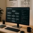 Modernes Büro mit großem Bildschirm, der Automatisierungsprozesse und Code-Snippets zeigt, im Hintergrund Poster zu Content-Marketing und Automatisierung