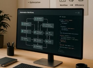 Modernes Büro mit großem Bildschirm, der Automatisierungsprozesse und Code-Snippets zeigt, im Hintergrund Poster zu Content-Marketing und Automatisierung