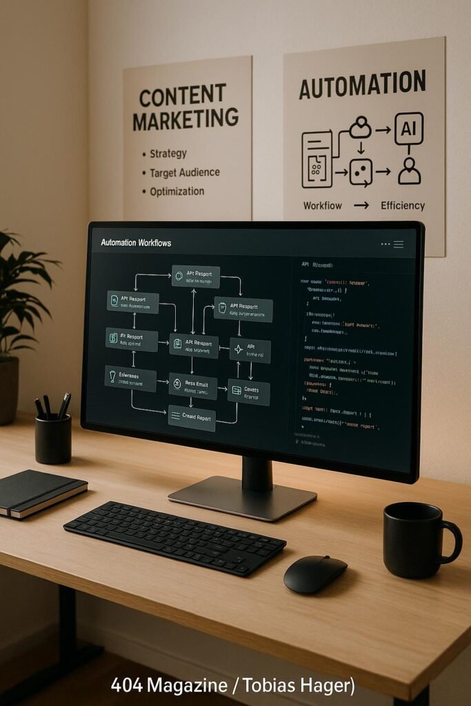Modernes Büro mit großem Bildschirm, der Automatisierungsprozesse und Code-Snippets zeigt, im Hintergrund Poster zu Content-Marketing und Automatisierung