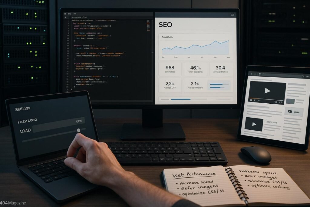 Modernes digitales workspace mit Computer, Serverrack und Tablet, zeigt Code, SEO-Analyse und eingebettete Videos