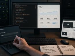 Modernes digitales workspace mit Computer, Serverrack und Tablet, zeigt Code, SEO-Analyse und eingebettete Videos