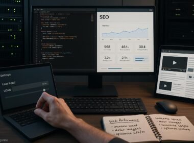 Modernes digitales workspace mit Computer, Serverrack und Tablet, zeigt Code, SEO-Analyse und eingebettete Videos