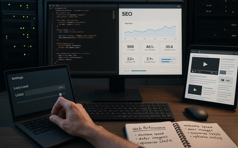 Modernes digitales workspace mit Computer, Serverrack und Tablet, zeigt Code, SEO-Analyse und eingebettete Videos