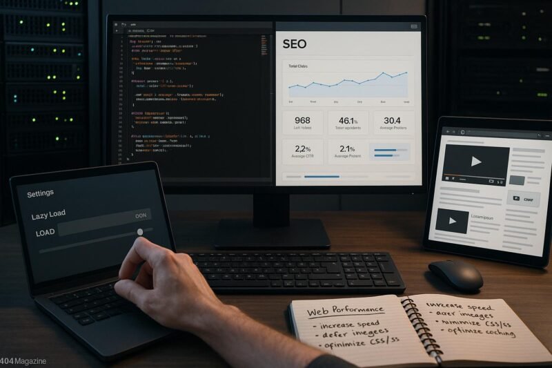 Modernes digitales workspace mit Computer, Serverrack und Tablet, zeigt Code, SEO-Analyse und eingebettete Videos