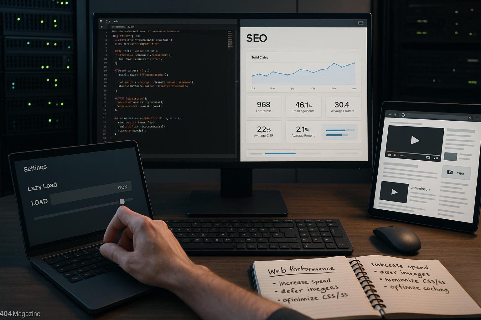 Modernes digitales workspace mit Computer, Serverrack und Tablet, zeigt Code, SEO-Analyse und eingebettete Videos