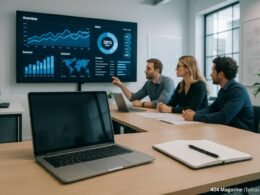 Modernes Büro mit großem Bildschirm, Analytics Dashboards, strategischer Planung und Teamdiskussion