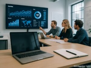 Modernes Büro mit großem Bildschirm, Analytics Dashboards, strategischer Planung und Teamdiskussion