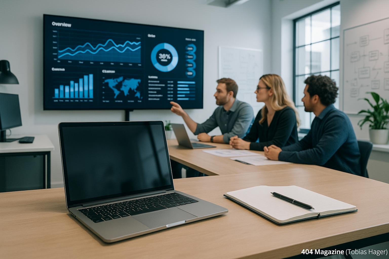 Modernes Büro mit großem Bildschirm, Analytics Dashboards, strategischer Planung und Teamdiskussion