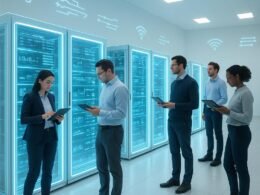 Modernes Server-Rechenzentrum mit transparenten, leuchtenden Racks und Fachleuten, die Technik überwachen, im minimalistischen Design.