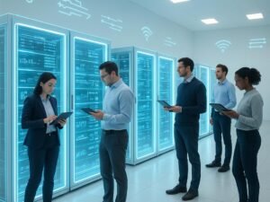 Modernes Server-Rechenzentrum mit transparenten, leuchtenden Racks und Fachleuten, die Technik überwachen, im minimalistischen Design.