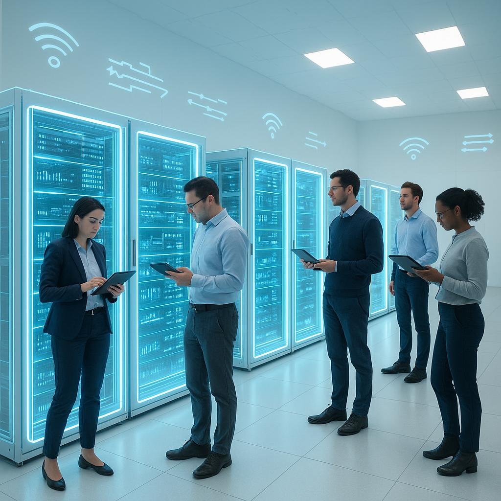 Modernes Server-Rechenzentrum mit transparenten, leuchtenden Racks und Fachleuten, die Technik überwachen, im minimalistischen Design.