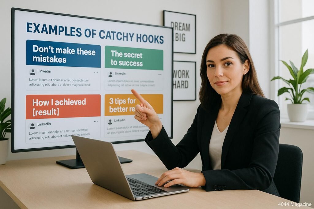 Professionelle junge Frau arbeitet an einem modernen Arbeitsplatz mit Laptop und digitalem Bildschirm, umgeben von minimalistischer Bürodekoration und Pflanzen.