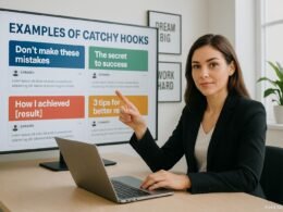 Professionelle junge Frau arbeitet an einem modernen Arbeitsplatz mit Laptop und digitalem Bildschirm, umgeben von minimalistischer Bürodekoration und Pflanzen.