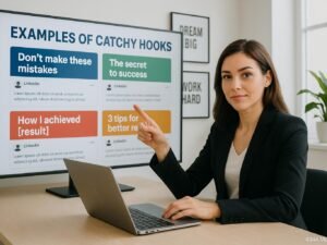 Professionelle junge Frau arbeitet an einem modernen Arbeitsplatz mit Laptop und digitalem Bildschirm, umgeben von minimalistischer Bürodekoration und Pflanzen.