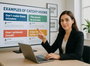 Professionelle junge Frau arbeitet an einem modernen Arbeitsplatz mit Laptop und digitalem Bildschirm, umgeben von minimalistischer Bürodekoration und Pflanzen.