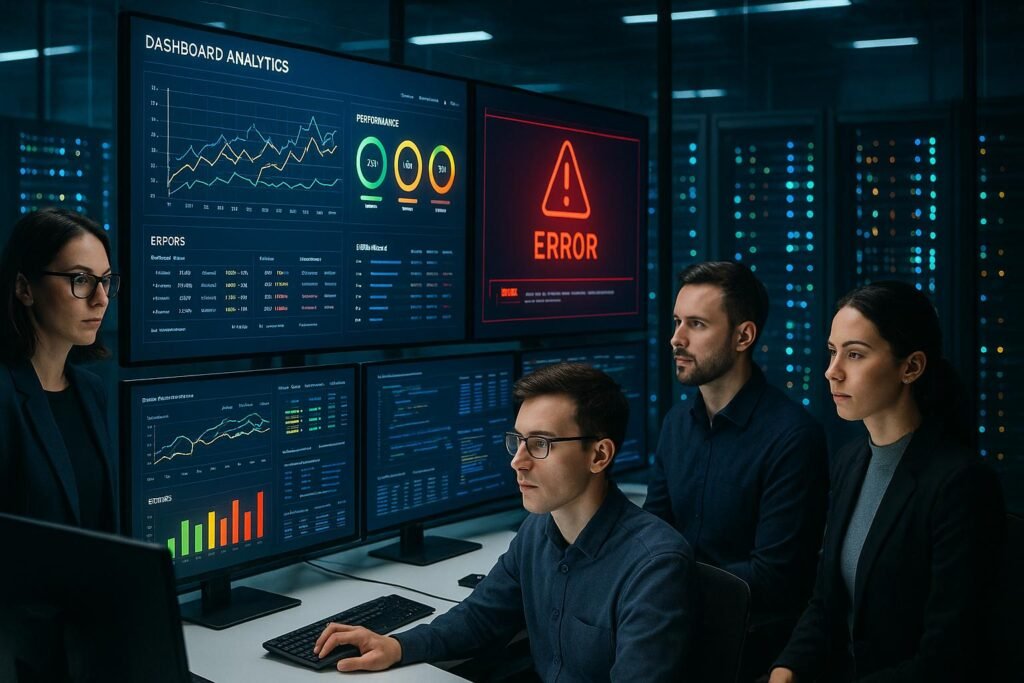 Futuristisches IT-Control-Center mit Entwickler vor Monitoren, Leistungs- und Fehleranzeigen, Serverräume im Hintergrund, symbolisiert automatisiertes Monitoring und Deployment-Alerting.