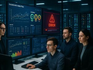 Futuristisches IT-Control-Center mit Entwickler vor Monitoren, Leistungs- und Fehleranzeigen, Serverräume im Hintergrund, symbolisiert automatisiertes Monitoring und Deployment-Alerting.