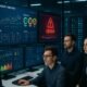 Futuristisches IT-Control-Center mit Entwickler vor Monitoren, Leistungs- und Fehleranzeigen, Serverräume im Hintergrund, symbolisiert automatisiertes Monitoring und Deployment-Alerting.