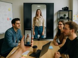 Junges Team in modernem Büro mit Smartphone, hochauflösendem Bildschirm und kreativen Whiteboards bei Videoproduktion