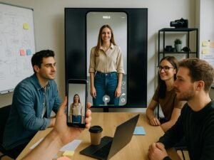 Junges Team in modernem Büro mit Smartphone, hochauflösendem Bildschirm und kreativen Whiteboards bei Videoproduktion