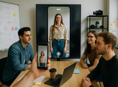 Junges Team in modernem Büro mit Smartphone, hochauflösendem Bildschirm und kreativen Whiteboards bei Videoproduktion