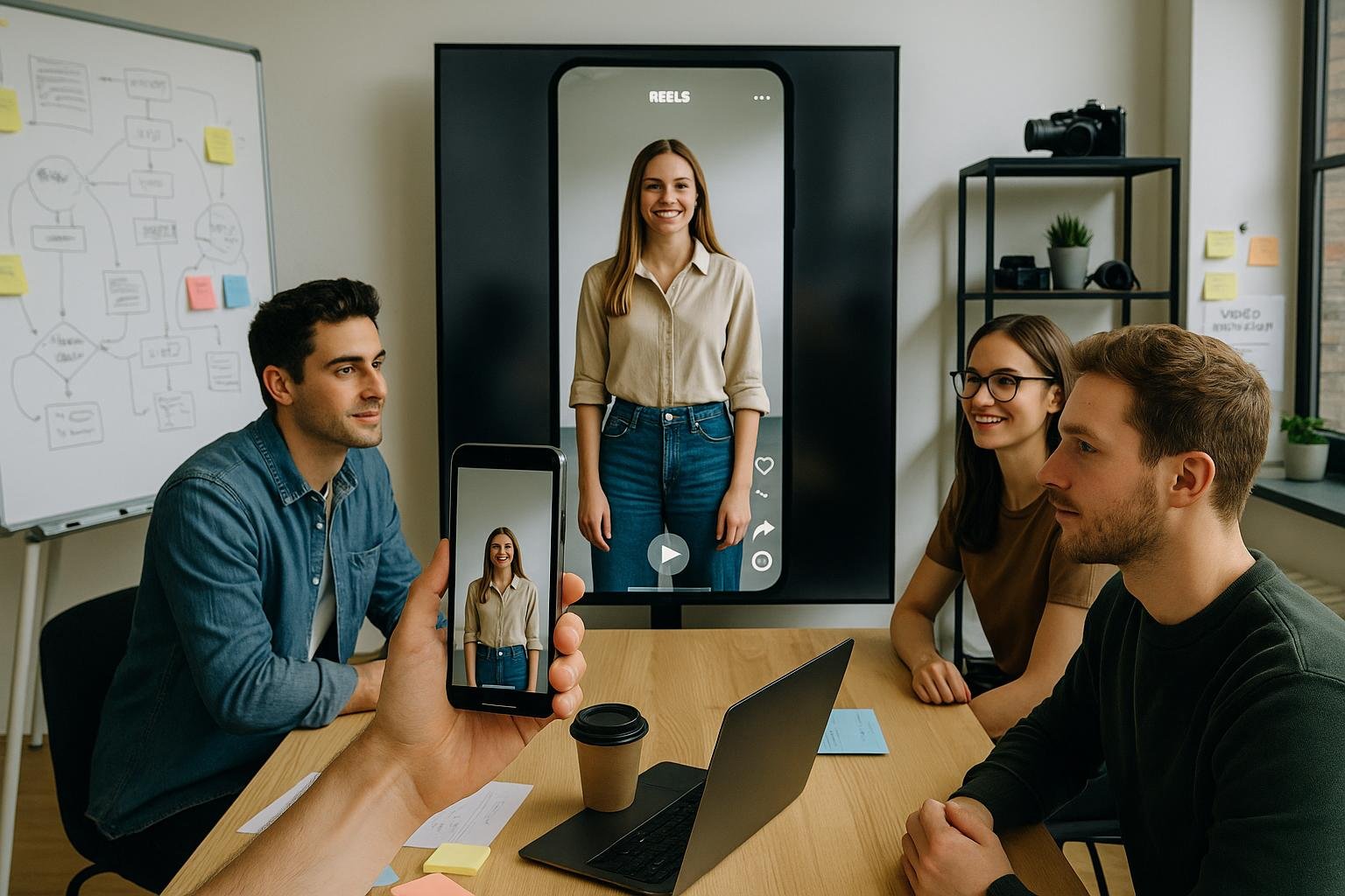 Junges Team in modernem Büro mit Smartphone, hochauflösendem Bildschirm und kreativen Whiteboards bei Videoproduktion