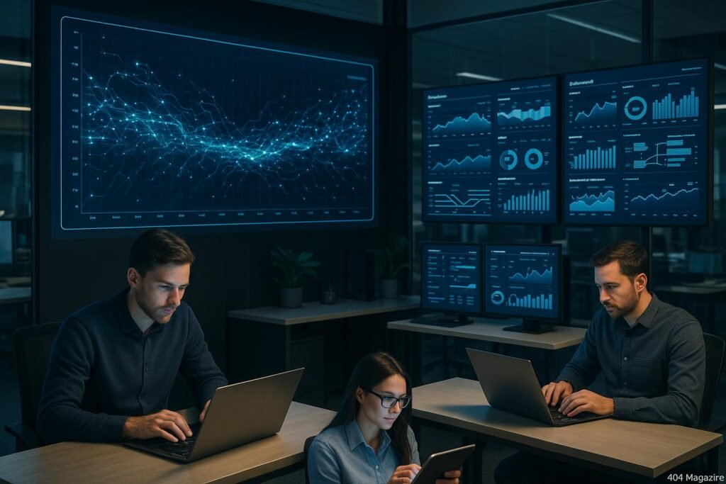 Modernes Büro mit digitalen Datenkonsolen, Entwicklern bei der Arbeit, und großen Monitoren mit Dashboards, KPIs und automatisierten Workflows, im Stil von 404 Magazine (Tobias Hager).
