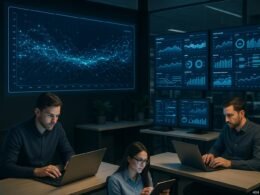 Modernes Büro mit digitalen Datenkonsolen, Entwicklern bei der Arbeit, und großen Monitoren mit Dashboards, KPIs und automatisierten Workflows, im Stil von 404 Magazine (Tobias Hager).