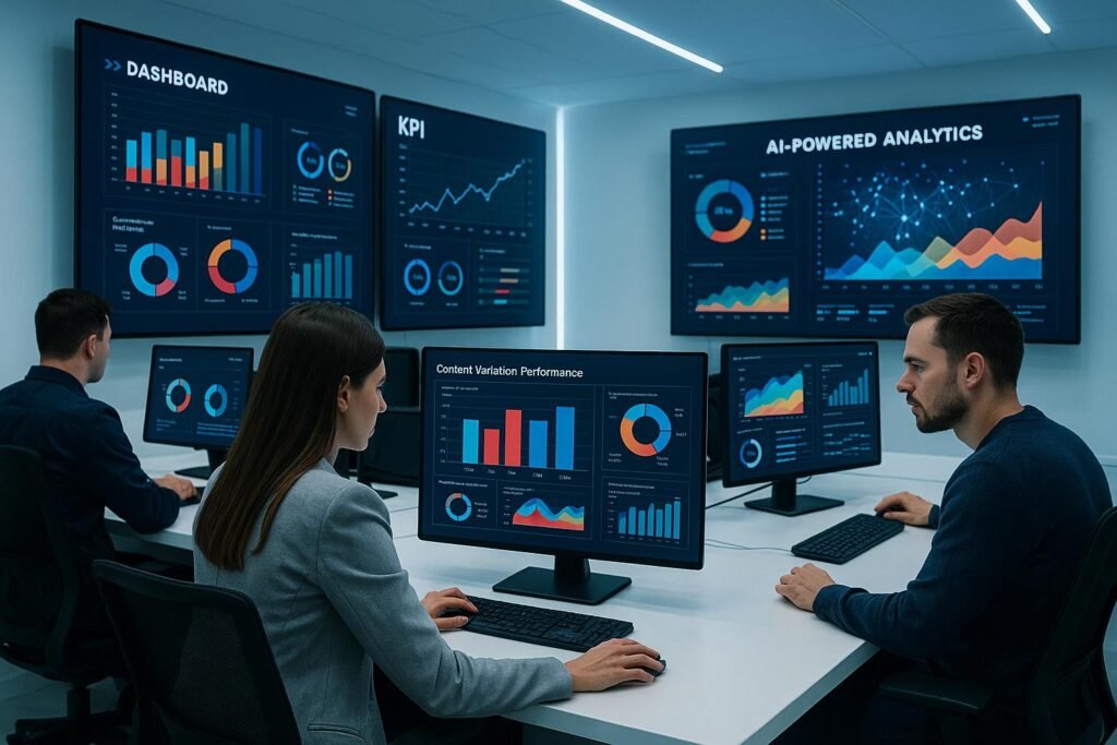 Fachleute an einem hochtechnisierten Arbeitsplatz mit mehreren Monitoren, digitalen Dashboards und KI-gestützten Analysen in einem futuristischen Raum.