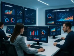 Fachleute an einem hochtechnisierten Arbeitsplatz mit mehreren Monitoren, digitalen Dashboards und KI-gestützten Analysen in einem futuristischen Raum.