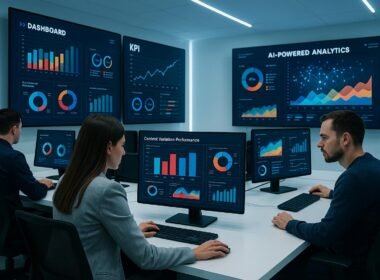 Fachleute an einem hochtechnisierten Arbeitsplatz mit mehreren Monitoren, digitalen Dashboards und KI-gestützten Analysen in einem futuristischen Raum.