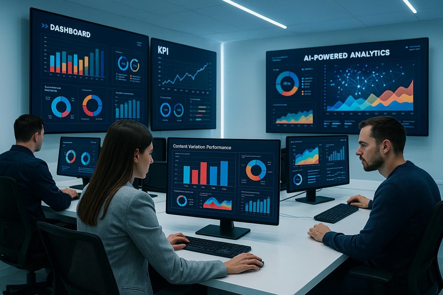 Fachleute an einem hochtechnisierten Arbeitsplatz mit mehreren Monitoren, digitalen Dashboards und KI-gestützten Analysen in einem futuristischen Raum.
