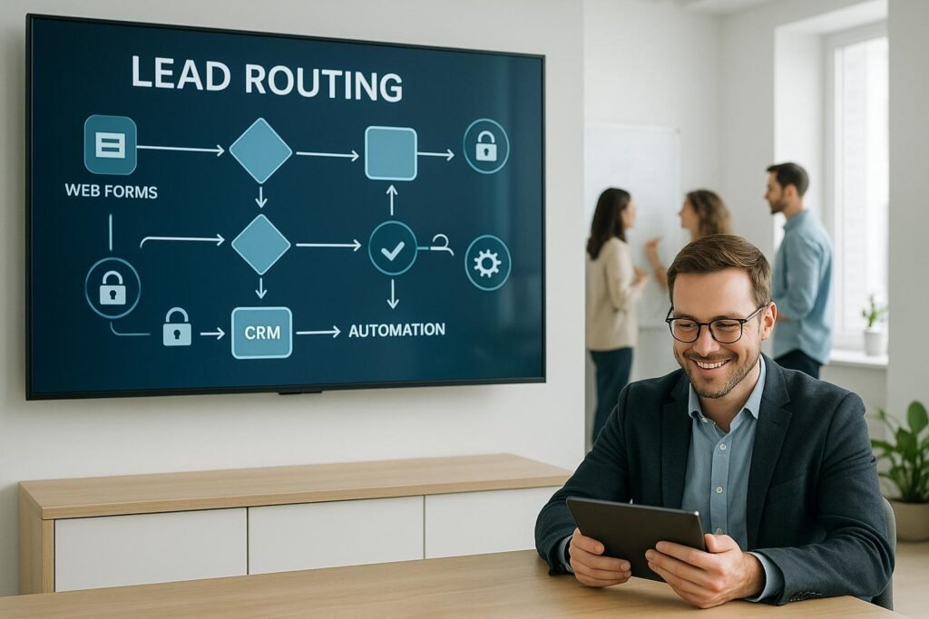 Modernes Büro mit digitaler Lead-Routing-Darstellung, Bildschirm mit Flussdiagrammen, CRM- und Automatisierungssymbolen, Geschäftsmann mit Tablet und Team im Hintergrund