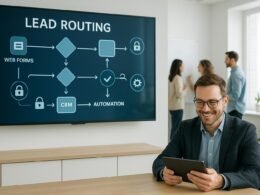 Modernes Büro mit digitaler Lead-Routing-Darstellung, Bildschirm mit Flussdiagrammen, CRM- und Automatisierungssymbolen, Geschäftsmann mit Tablet und Team im Hintergrund