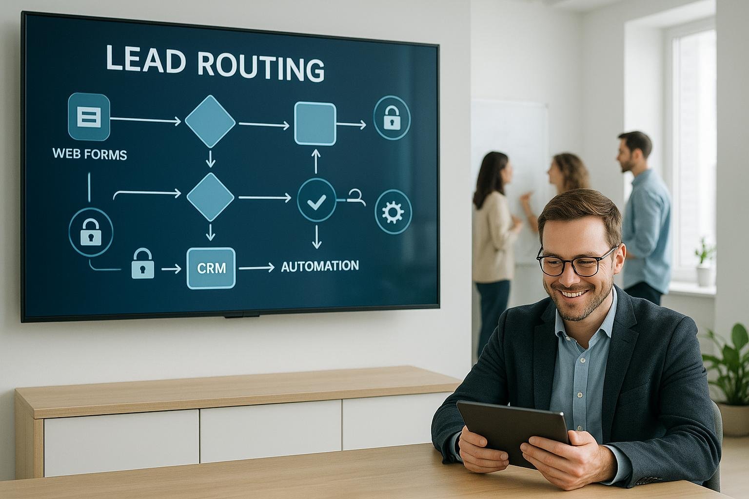 Modernes Büro mit digitaler Lead-Routing-Darstellung, Bildschirm mit Flussdiagrammen, CRM- und Automatisierungssymbolen, Geschäftsmann mit Tablet und Team im Hintergrund